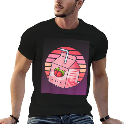 Mens Womens Japanese Pink Strawberry Milk Kawaii 90s Retro  Eco-friendly Material T-Shirt