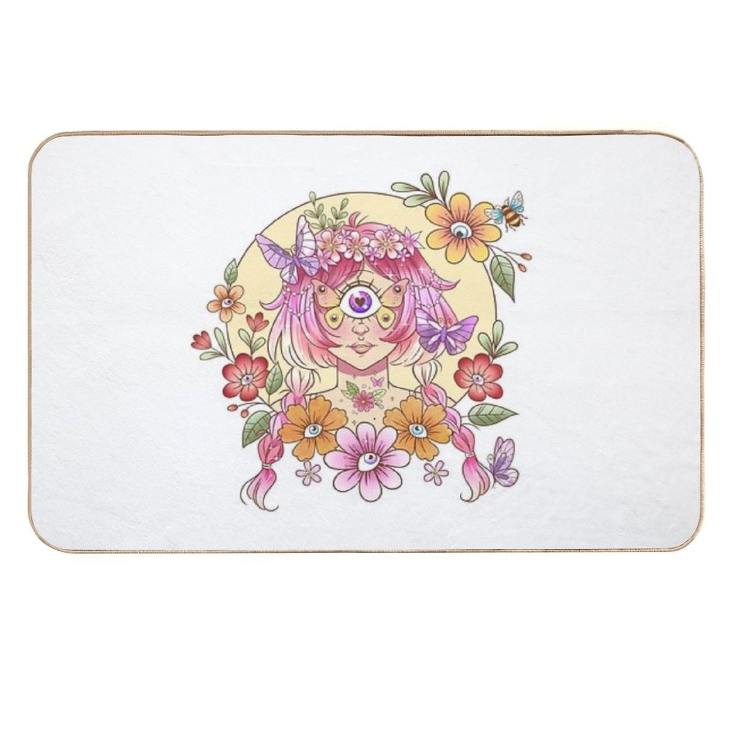 Cyclops Girl with Butterfly Eye Flowers  Absorbent Bath Mat