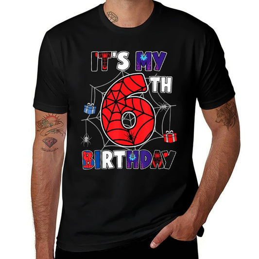 Kids It's My 6th Birthday Spider Theme Party 6 Year Old  Fade-proof Color T-Shirt