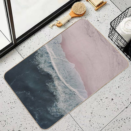 Aerial Ocean Beach Print, Pink Sand, Crashing Waves, Dark Blue Sea, Travel Photography  Easy To Clean Bath Mat