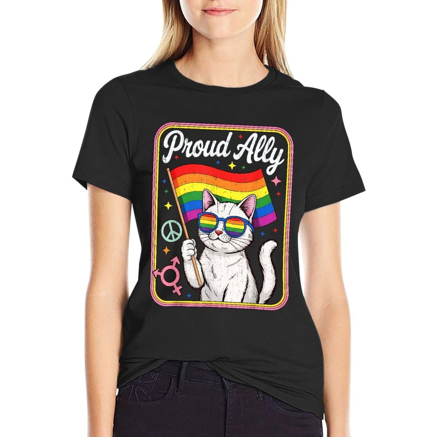 Funny Proud Ally Cat Wearing Rainbow Glasses Men Women  Oversized Silhouette T-Shirt