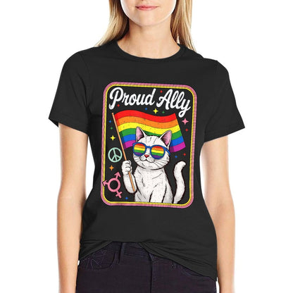 Funny Proud Ally Cat Wearing Rainbow Glasses Men Women  Oversized Silhouette T-Shirt