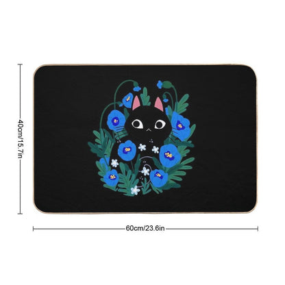 Blue Flower Black Cat  Easy To Clean Bath Mat