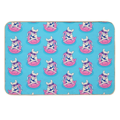 Frenchie Enjoys Summer on Flamingo Pool Float in Swimming Pool  Dirt-Trapping Bath Mat