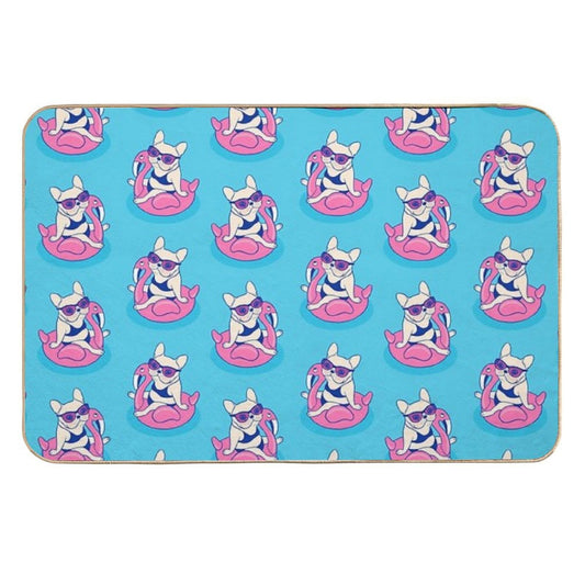 Frenchie Enjoys Summer on Flamingo Pool Float in Swimming Pool  Dirt-Trapping Bath Mat