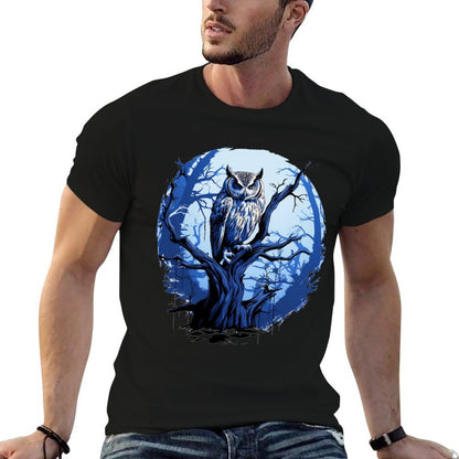 Twilight Blue Impressionist Owl on Skeletal Tree  High-quality Stitching T-Shirt