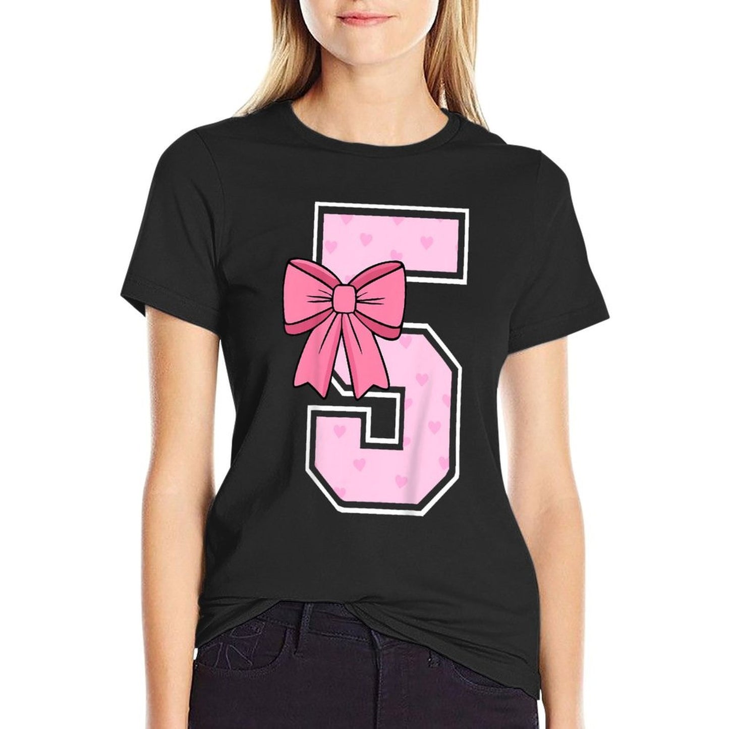 Kids Cute Coquette Bow Pink Number 5 Birthday Girl 5-Year-Old  High-quality Stitching T-Shirt