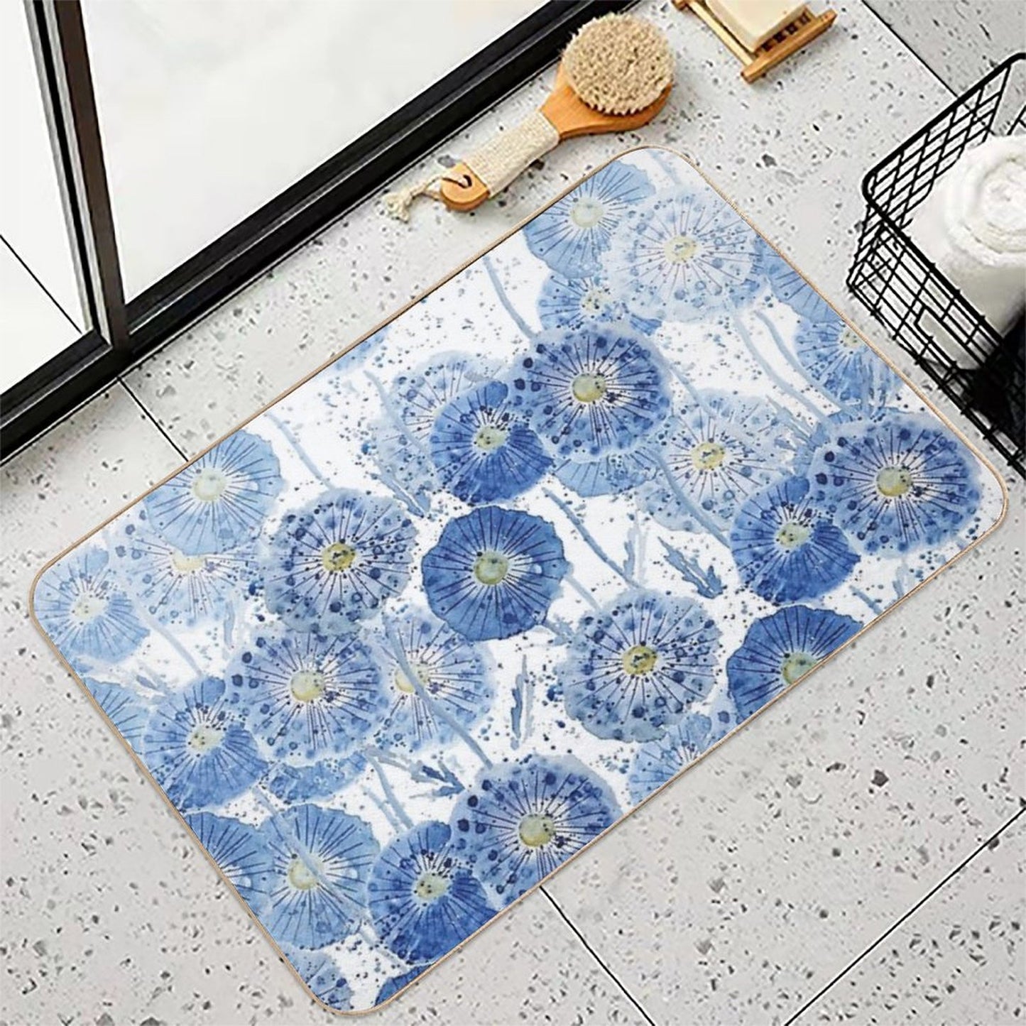 Indigo Dandelion Pattern  Pet-Safe Bath Mat