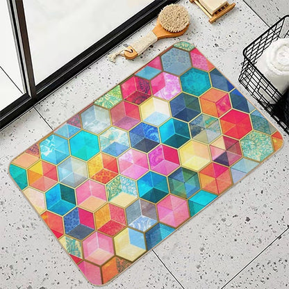 Crystal Bohemian Honeycomb Cubes - Colorful Hexagon Pattern  Non-Slip Bath Mat