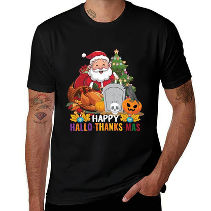 Happy Hallothanksmas Thanksgiving Halloween Merry Christmas  Rolled Sleeves T-Shirt
