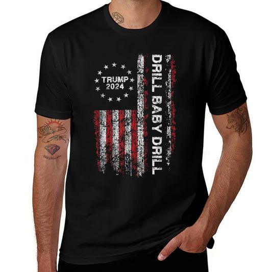 Trump 2024 Drill Baby Drills US Vintage Unisex-Adults Black Small Modern Round Neck Political-Support-T-Shirt  Classic T-Shirt