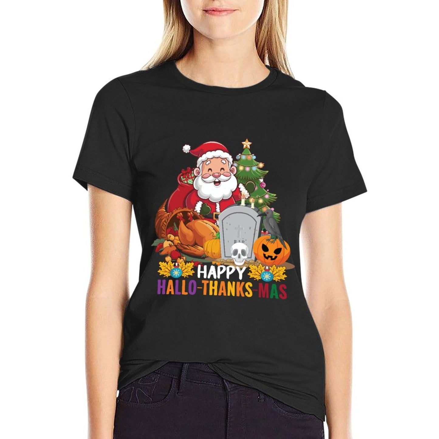 Happy Hallothanksmas Thanksgiving Halloween Merry Christmas  Rolled Sleeves T-Shirt