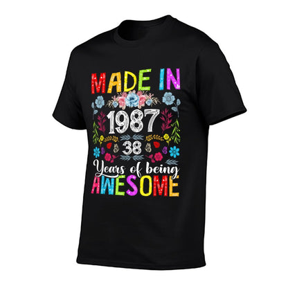 38 Years Old Made In 1987 Funny Floral 38th Birthday Women  Wrinkle-resistant T-Shirt