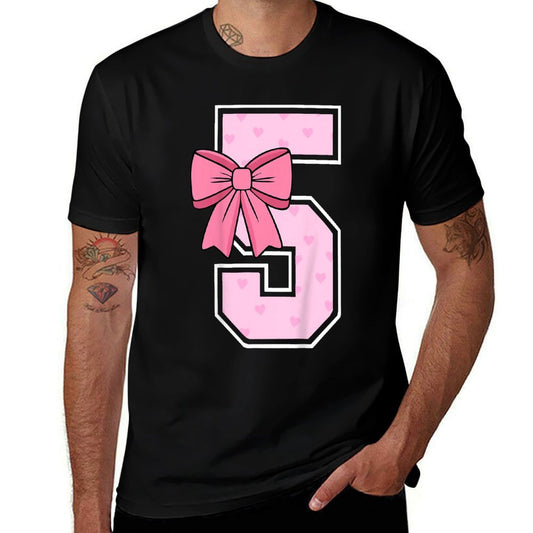 Kids Cute Coquette Bow Pink Number 5 Birthday Girl 5-Year-Old  High-quality Stitching T-Shirt