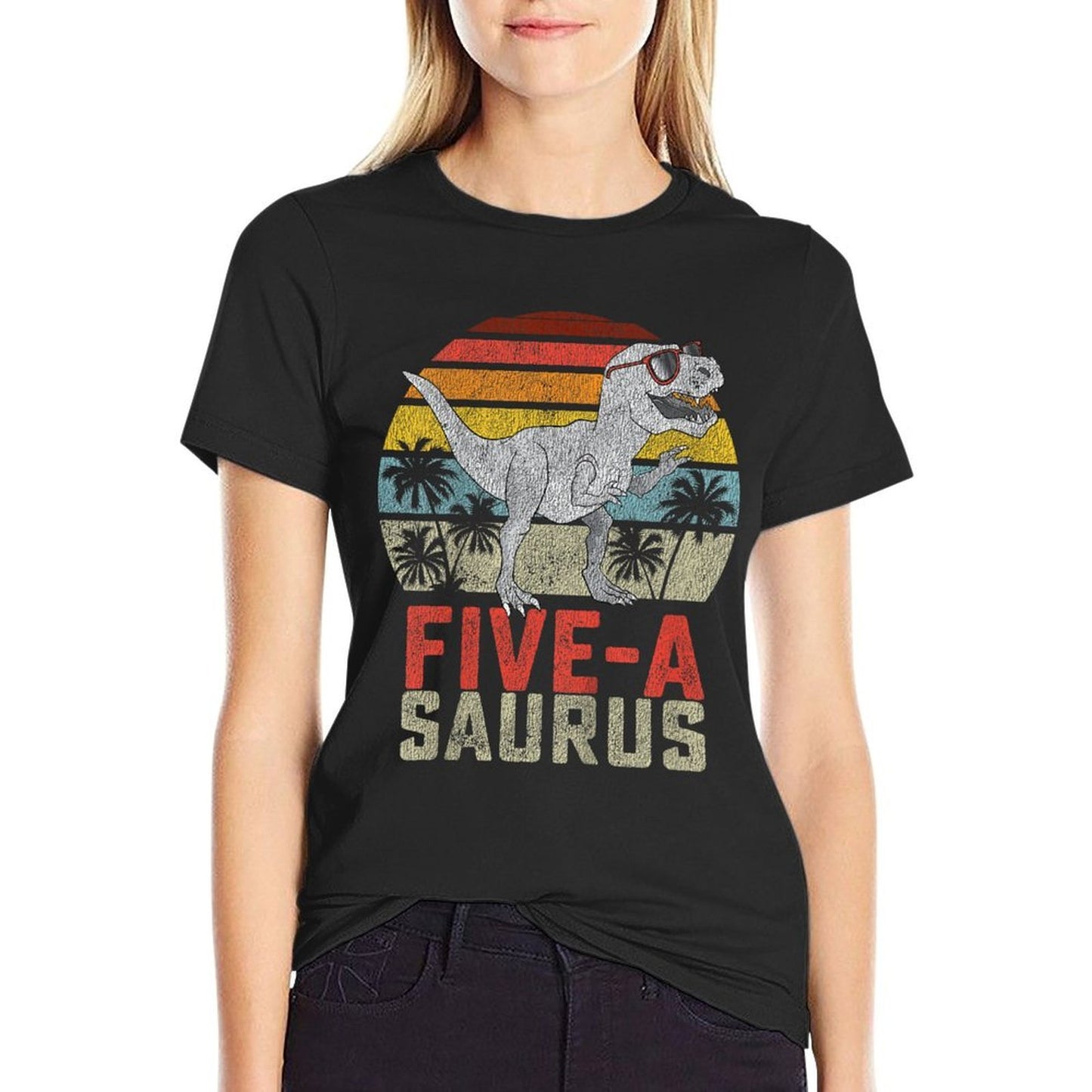 5 Year Old Dinosaur Birthday 5th T Rex Dino Five Saurus  Oversized Silhouette T-Shirt