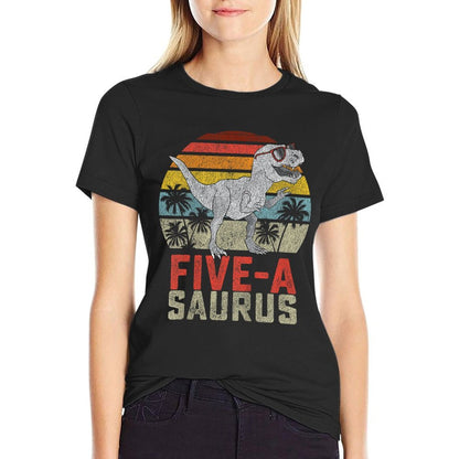 5 Year Old Dinosaur Birthday 5th T Rex Dino Five Saurus  Oversized Silhouette T-Shirt