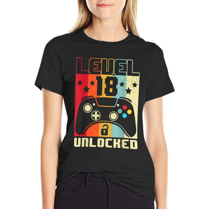 Level 18 Unlocked Funny Video Gamer 18th Birthday Gift  Rolled Sleeves T-Shirt