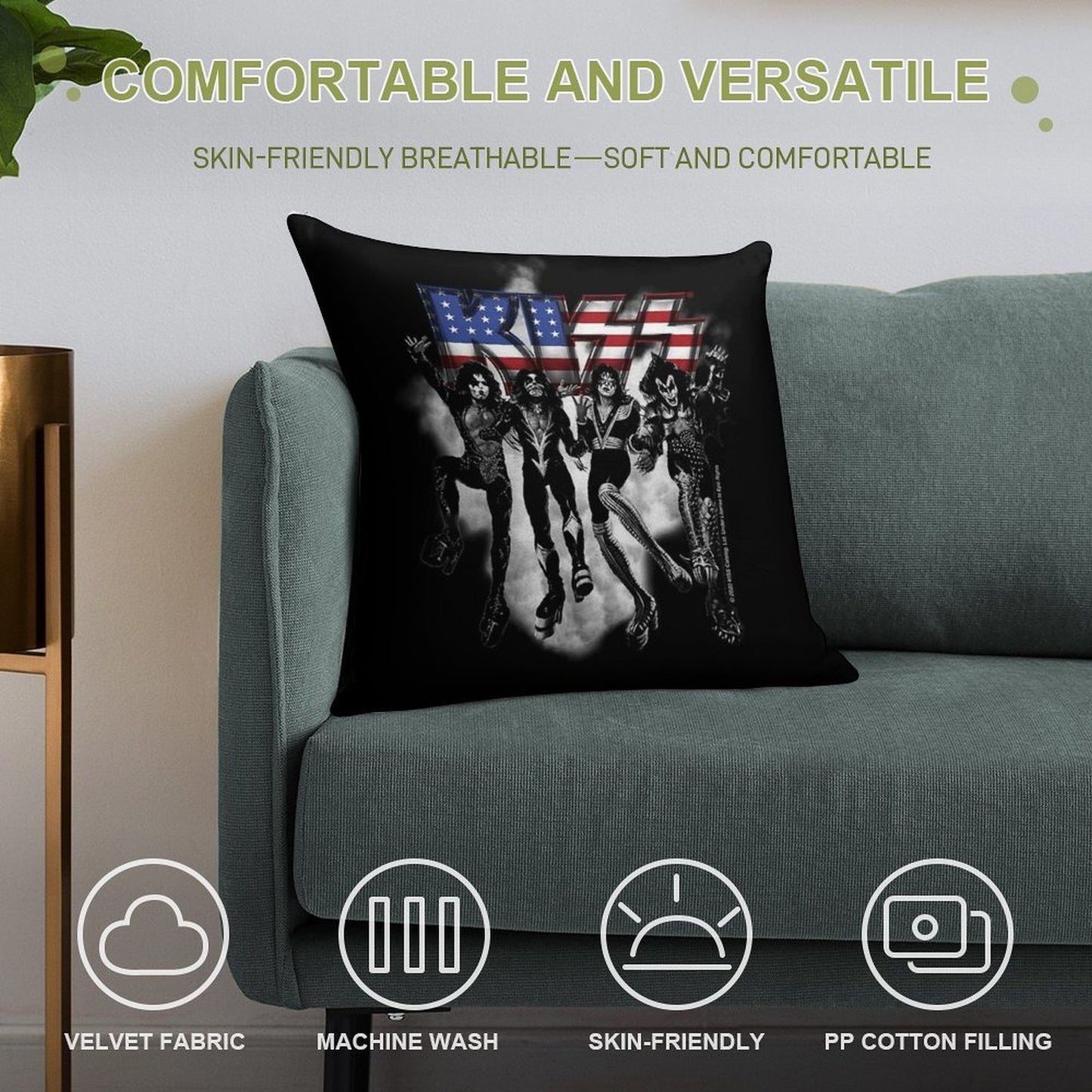 KISS ® The Band - Destroyer Black And White Fog USA Logo Soft Gift Ready Throw Pillow