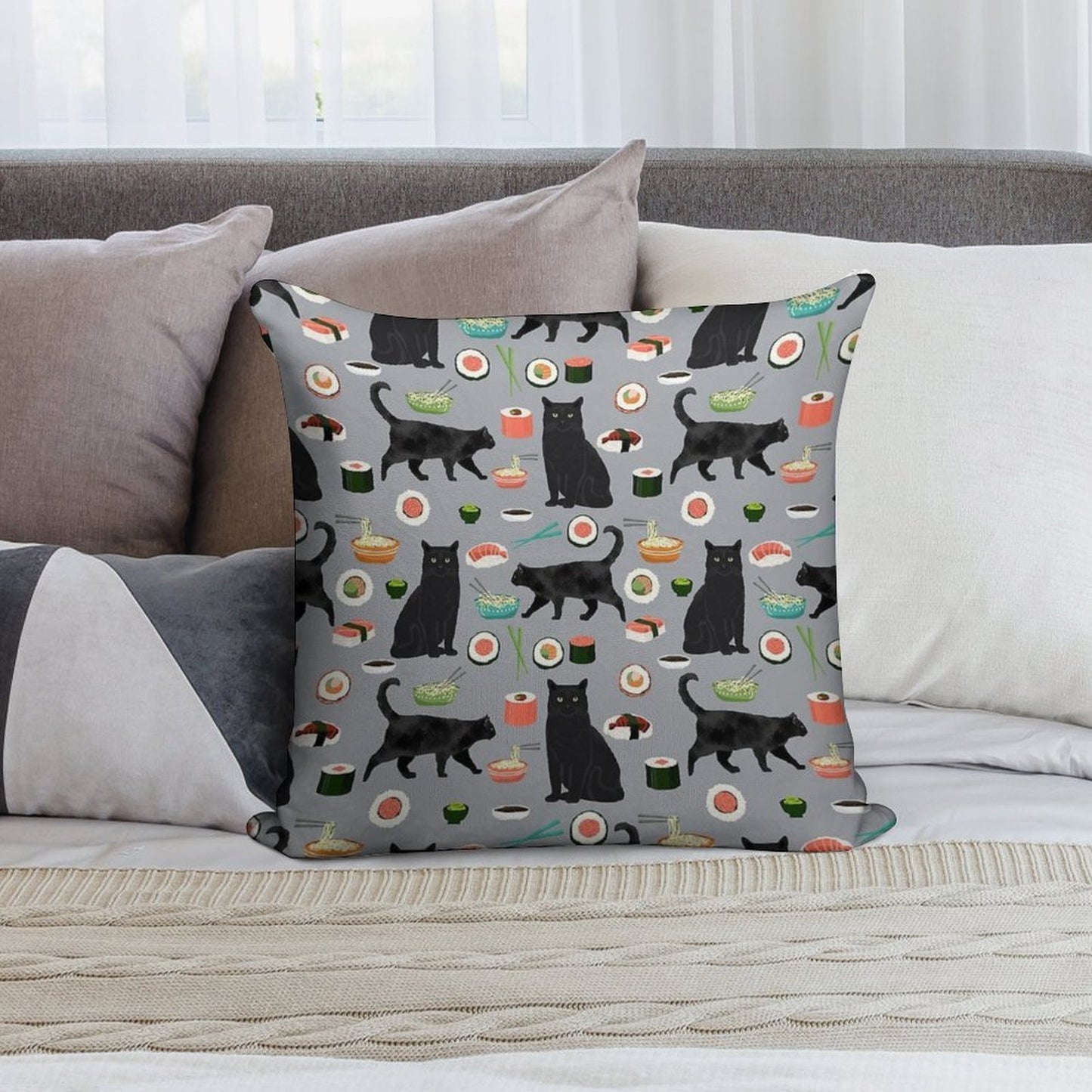 Black Cat Sushi Animal Gifts Soft Easy Maintenance Throw Pillow