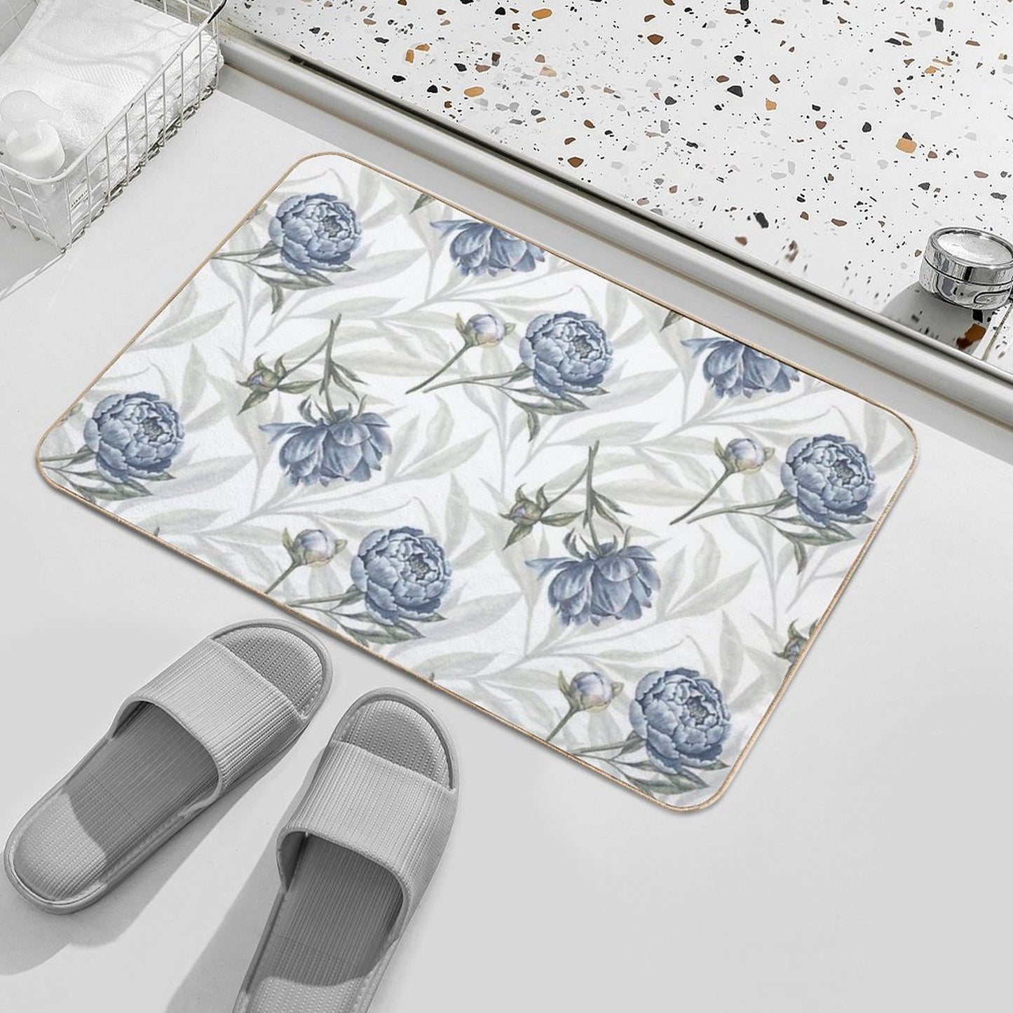 Watercolor Indigo Blue Peonies And Translucent Leaves Pattern with White Background.  Rapid-Drying Bath Mat