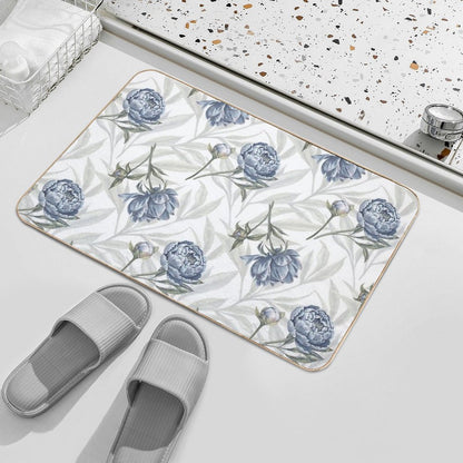 Watercolor Indigo Blue Peonies And Translucent Leaves Pattern with White Background.  Rapid-Drying Bath Mat