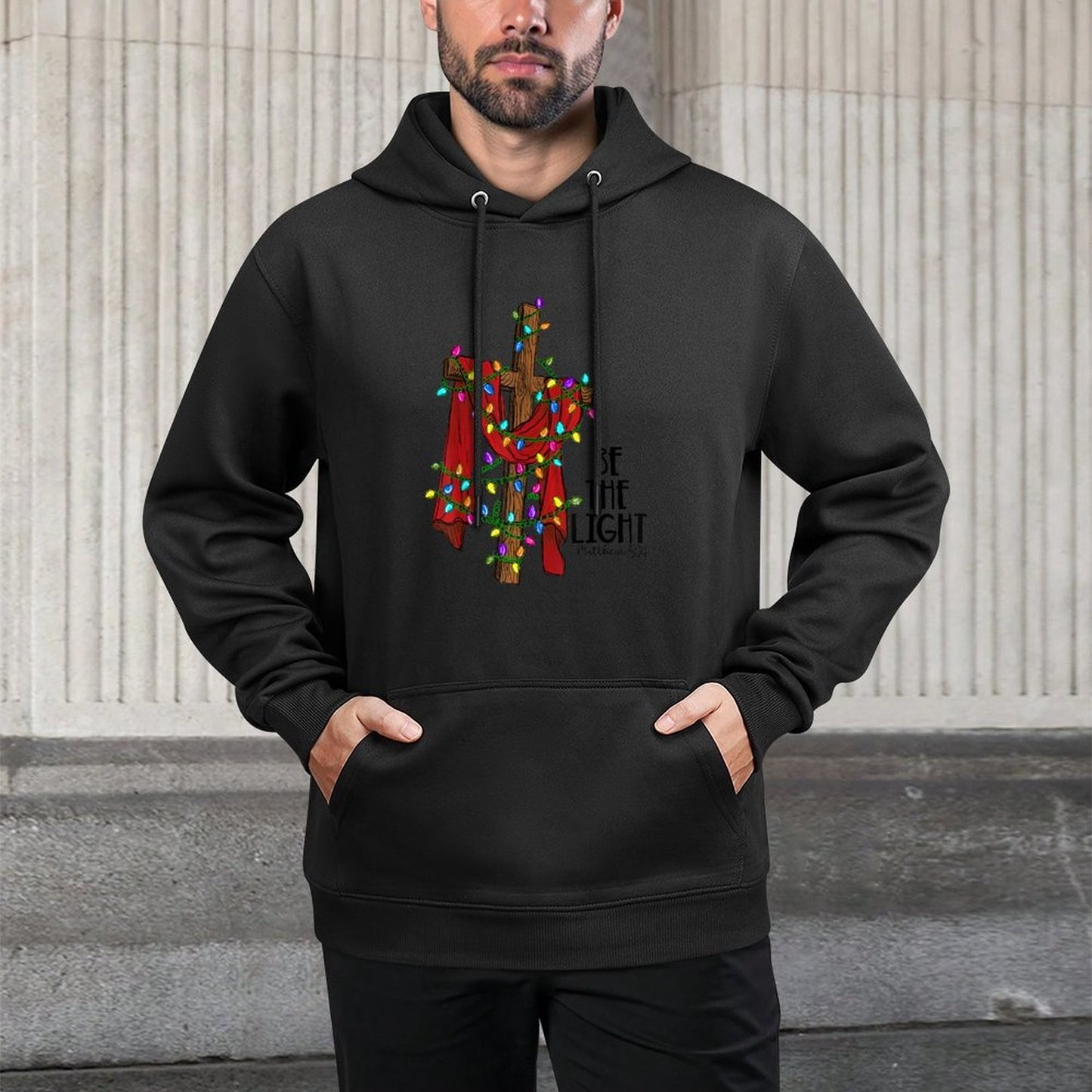 Christmas Cross with Xmas Lights Be The Light Bible Quote Relaxed Fit Hoodie