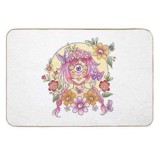 Cyclops Girl with Butterfly Eye Flowers  Absorbent Bath Mat