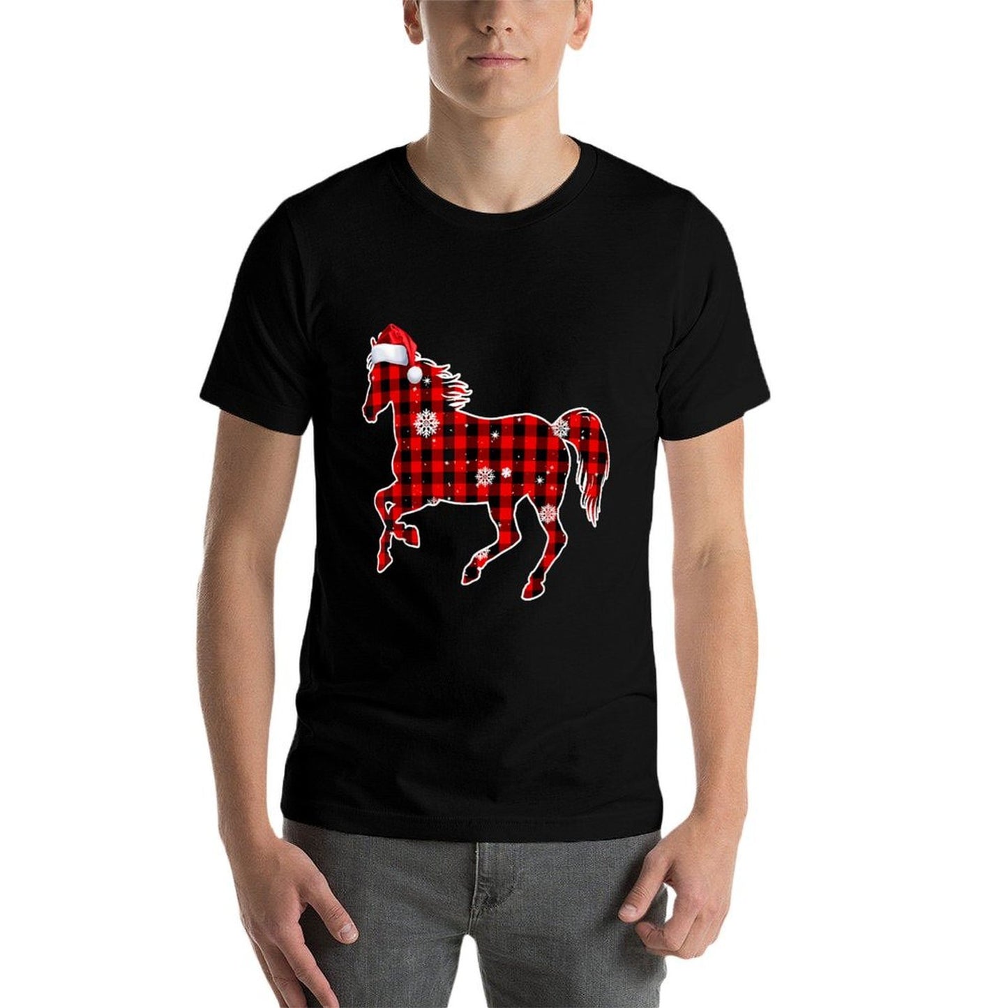 Horse Buffalo Plaid Santa Christmas Matching Family Pajamas  Lightweight T-Shirt