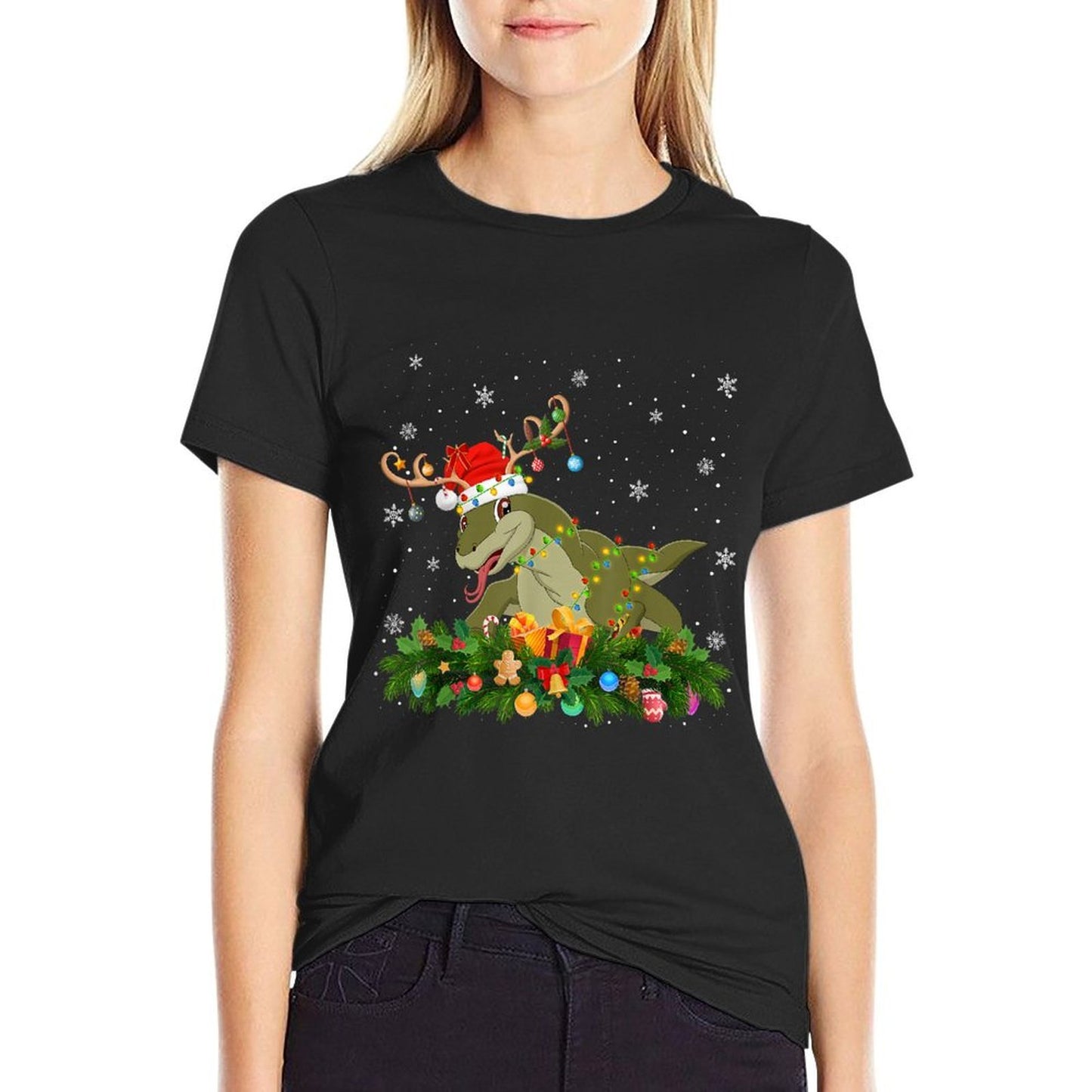 Komodo Dragon Christmas Lights Reindeer Santa Adult  Kids  Rolled Sleeves T-Shirt