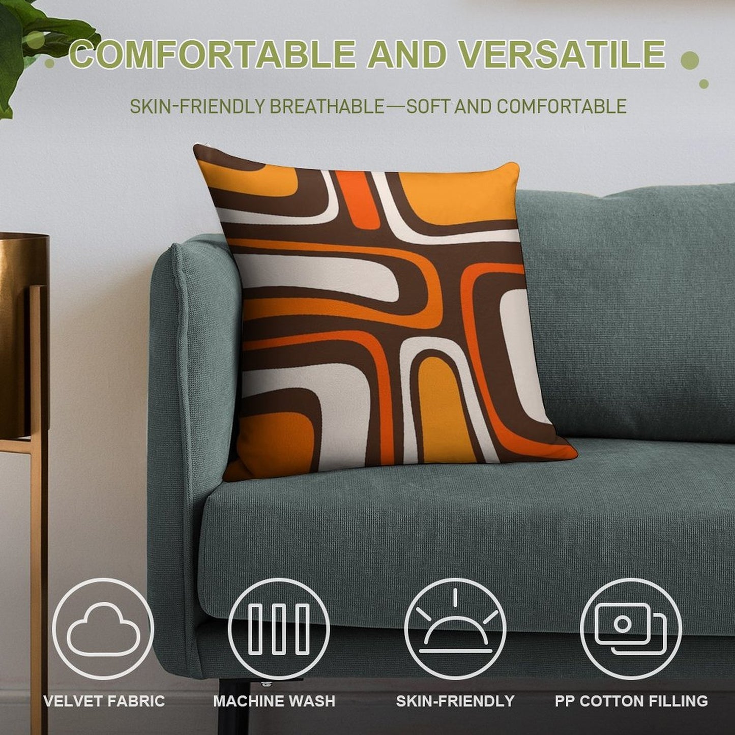 Palm Springs Retro Mid-Century Modern Abstract Pattern in 70s Dark Brown Orange Beige Soft Hidden Zipper Throw Pillow