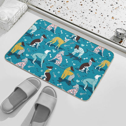 Greyhounds Dogwalk  Turquoise Background  High-Traffic Bath Mat