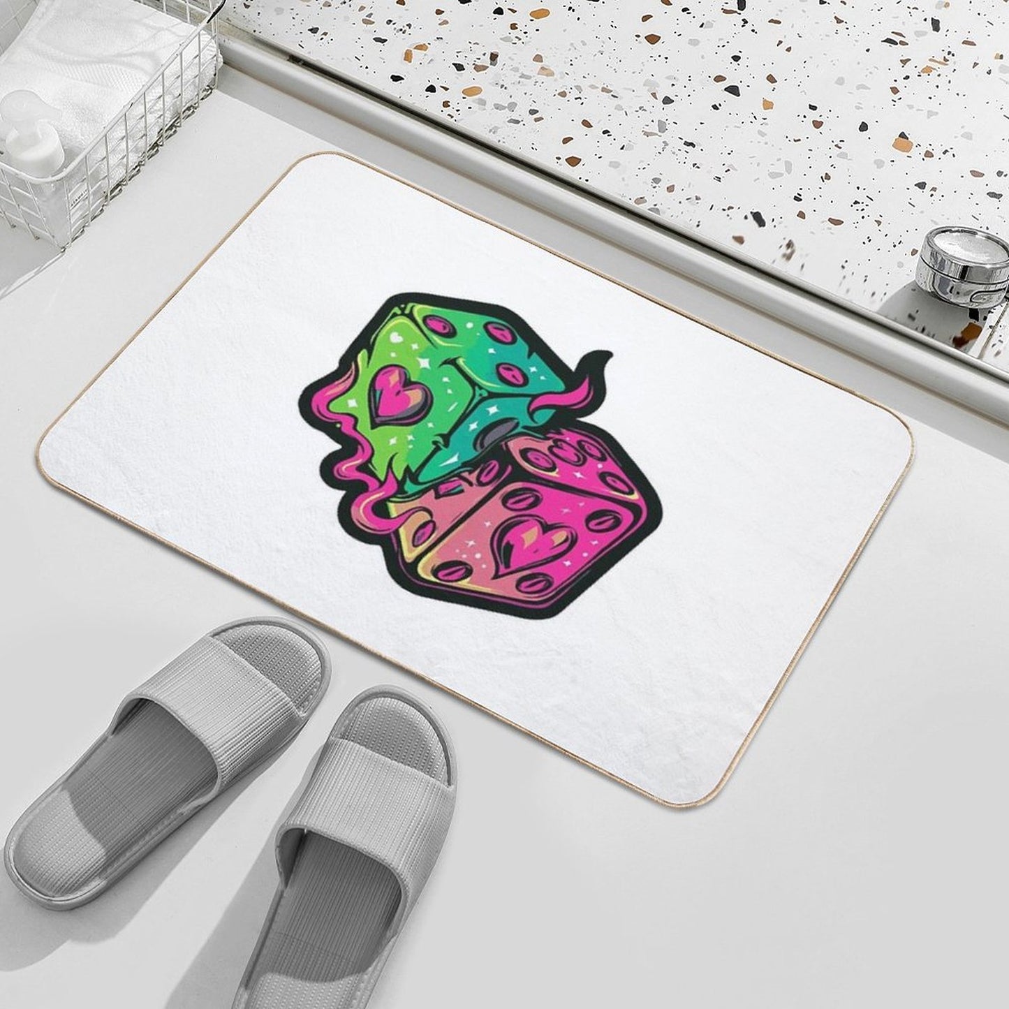 Neon Dice Hearts  Fade-Resistant Bath Mat