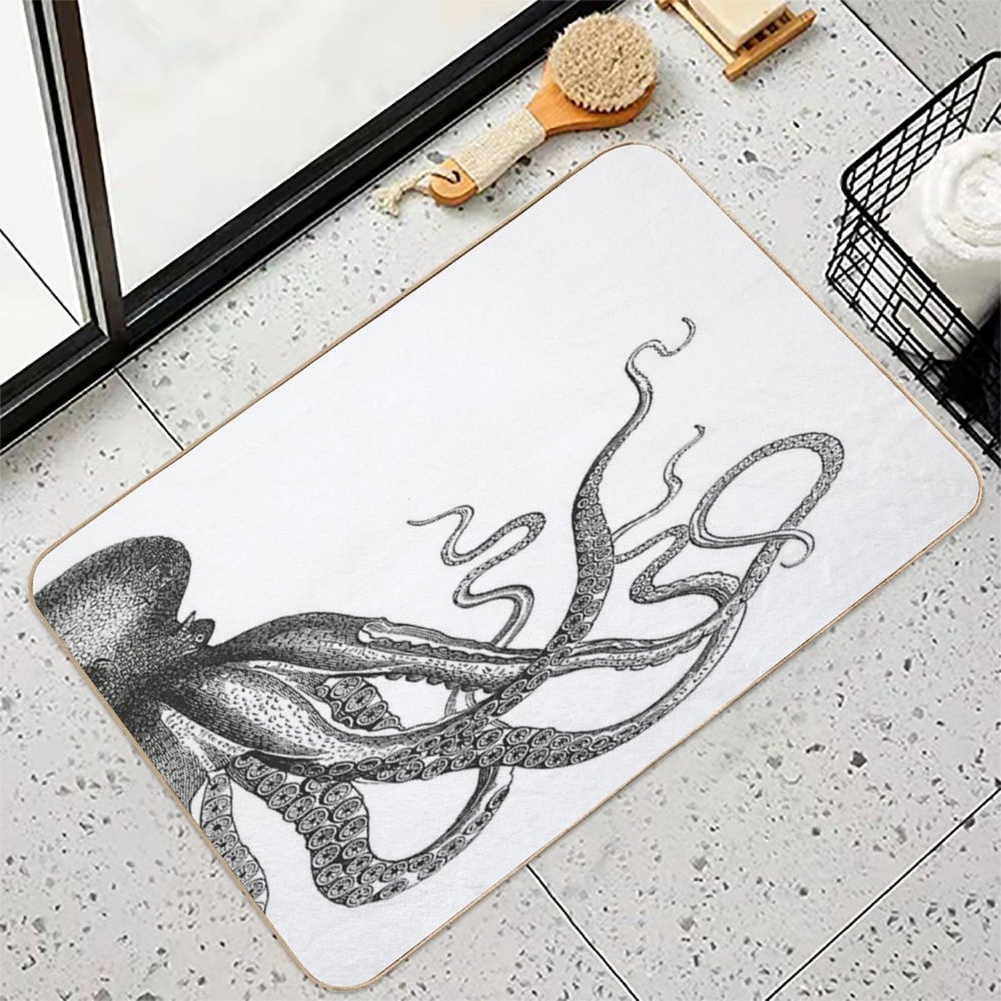 Half Octopus  Right Side  Vintage Octopus  Tentacles  Sea Creatures  Nautical  Ocean  Sea  Beach  Diptych  Black And W  Rapid-Drying Bath Mat