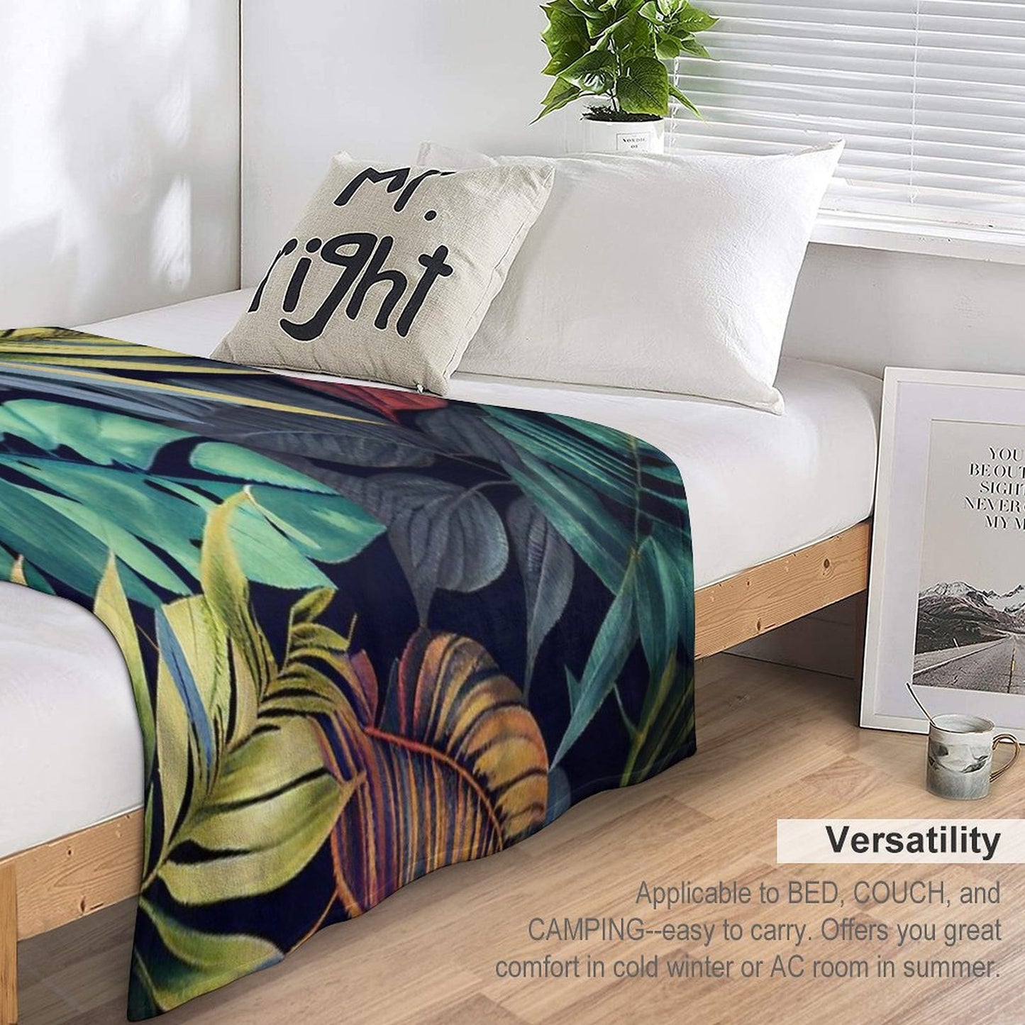 Camryn - Watercolor Leaf Leafs Abstract Painting Pattern in Green, Black, Brown, White Yellow, Blue, Cream, Light Easy Care Throw Blanket