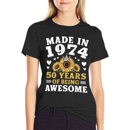 Womens 50 Year Old Made In 1974 Sunflower 50th Birthday  Ribbed Collar T-Shirt