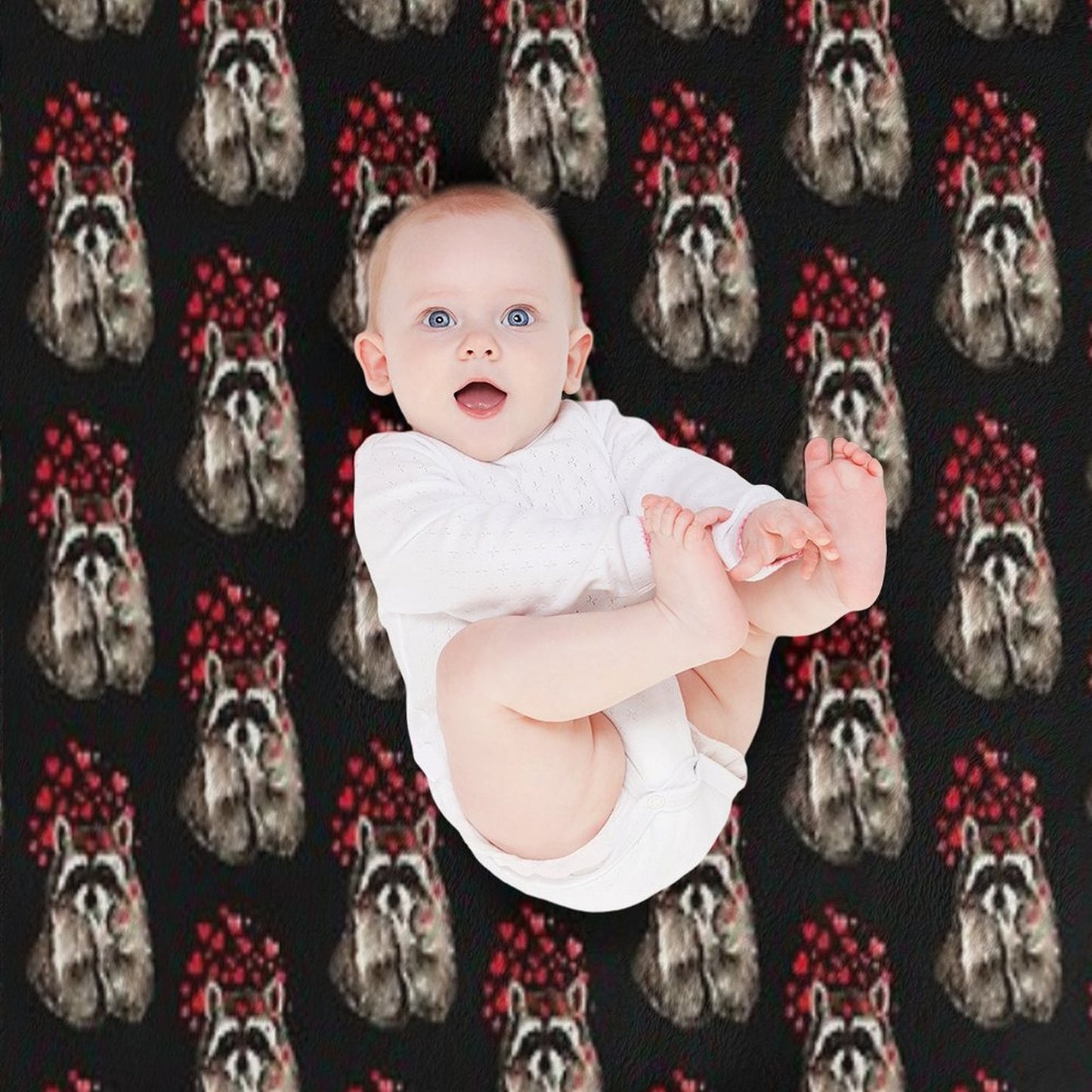 Cute Watercolor Raccoon Blowing Kisses & Hearts Sustainable Throw Blanket