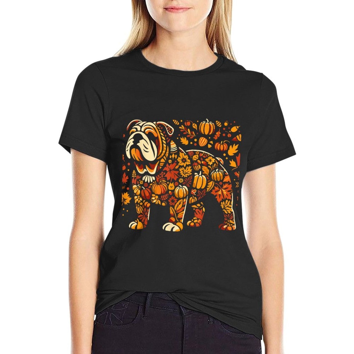 Autumn Pumpkin Fall English Bulldog Thanksgiving Womens Mens  Trendy Pattern T-Shirt