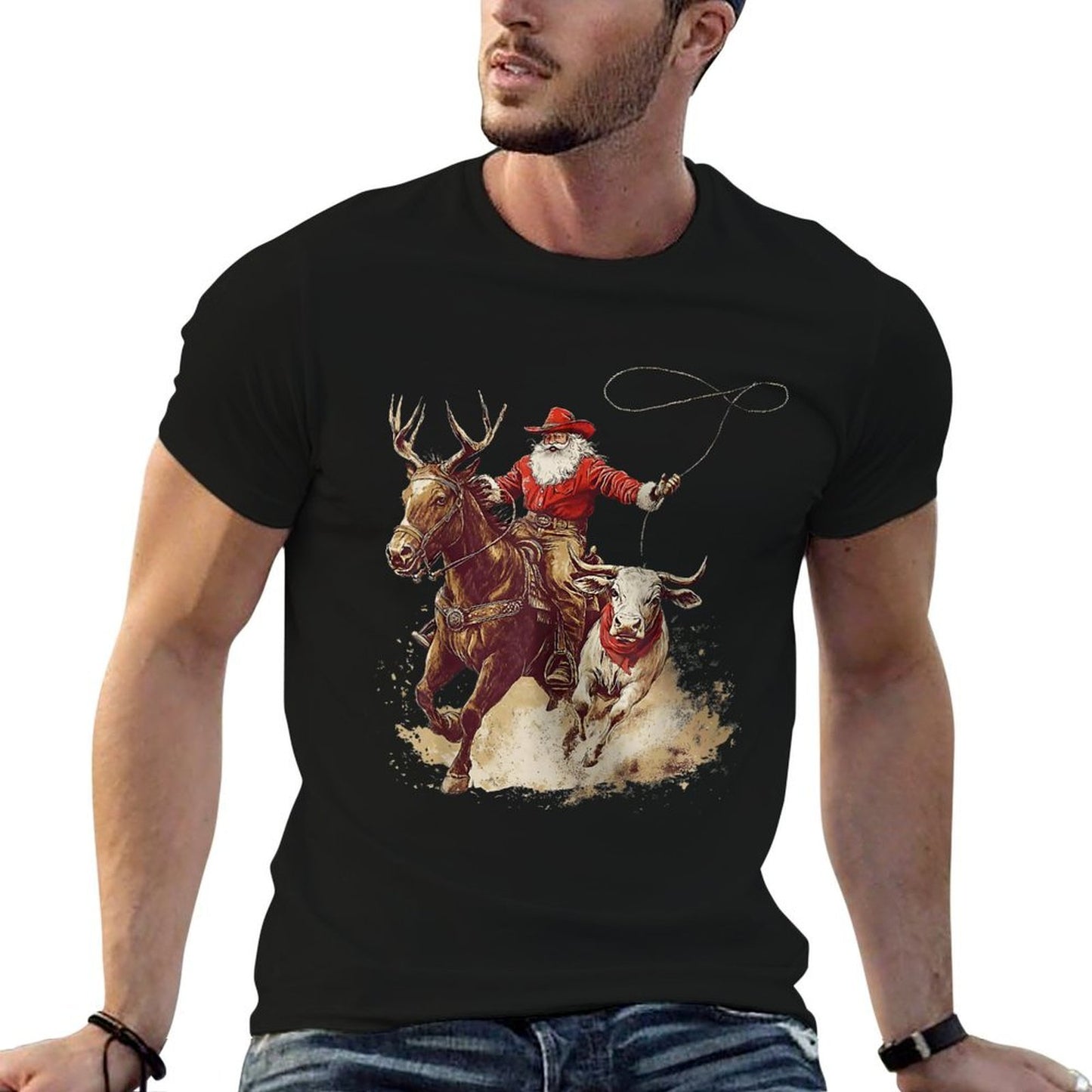 Merry Christmas Xmas Santa Cowboy Western Pajamas Holiday  Summer-ready Fabric T-Shirt