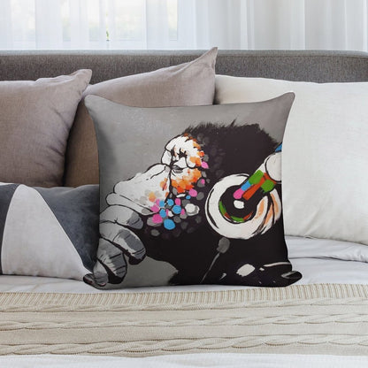 Banksy DJ Monkey Thinker with Headphones Soft Bedroom Essential Throw Pillow