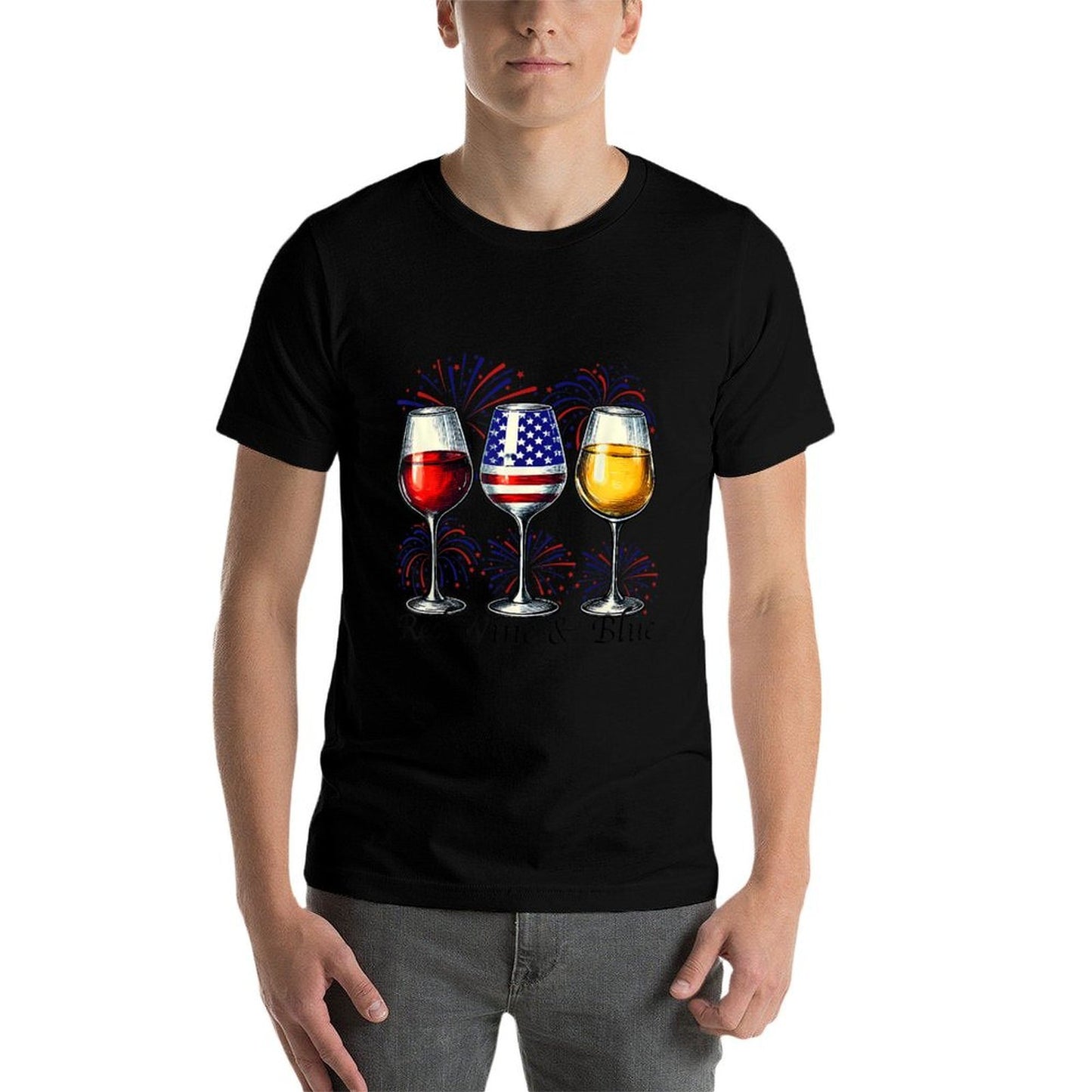 Red Wine  Blue 4th Of July Wine Glasses American USA  Slim-fit Cut T-Shirt