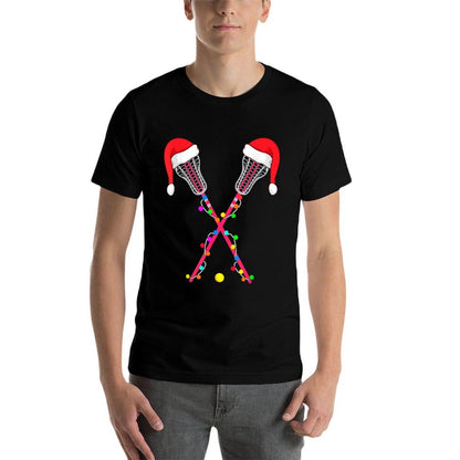 Lacrosse Santa Hat Christmas Lights Funny Sport Xmas Boys  Oversized Silhouette T-Shirt