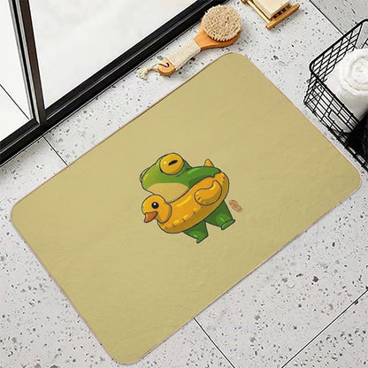 Cute Summer Time Ducky Frog Swimming Pool Floatie Artwork Asian Style  Dirt-Trapping Bath Mat