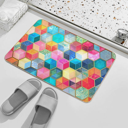 Crystal Bohemian Honeycomb Cubes - Colorful Hexagon Pattern  Non-Slip Bath Mat