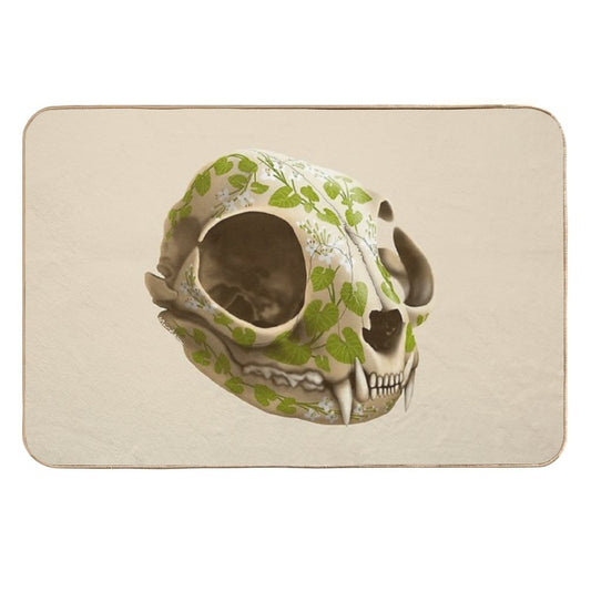 Cat Skull Decorated with Wasabi Flowers  Non-Slip Bath Mat