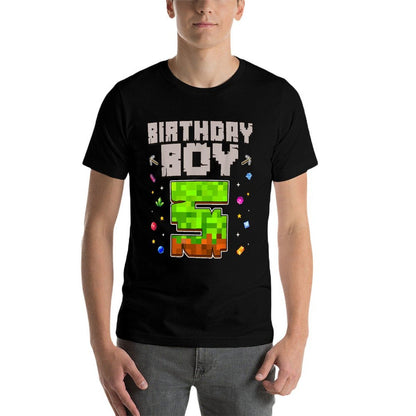 Birthday Boy 5 Kids Pixel Number 5th Birthday Party  Summer-ready Fabric T-Shirt