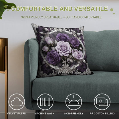 Matte Lilac & Purple Roses With Silver Rococo Soft Shrink-Resistant Throw Pillow