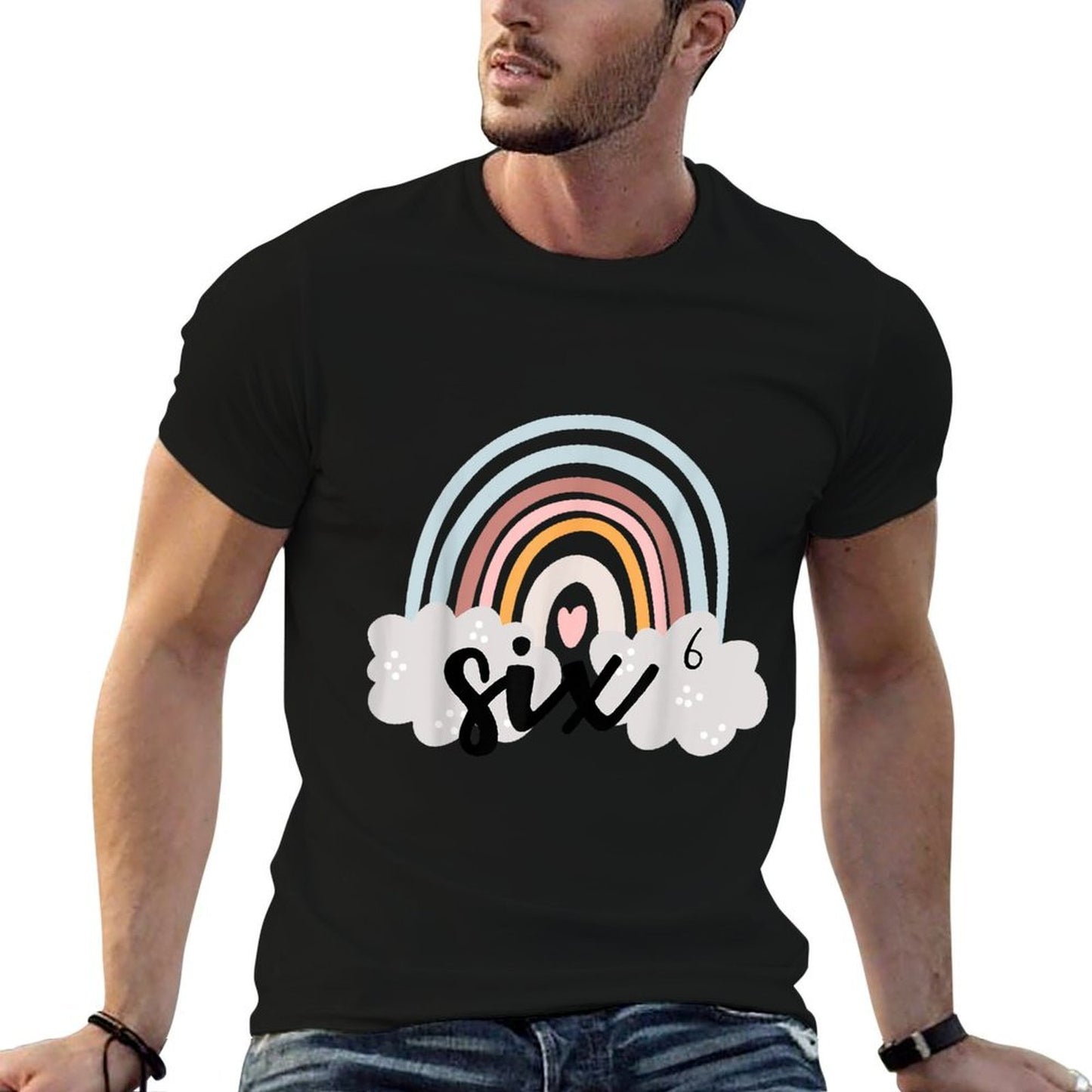 Six Year Birthday Rainbow Party Boho Retro Family 6 Year Old  Fade-proof Color T-Shirt