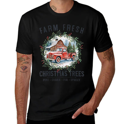 Farm Fresh Christmas Trees Vintage Red Truck And Barn  Heathered Texture T-Shirt