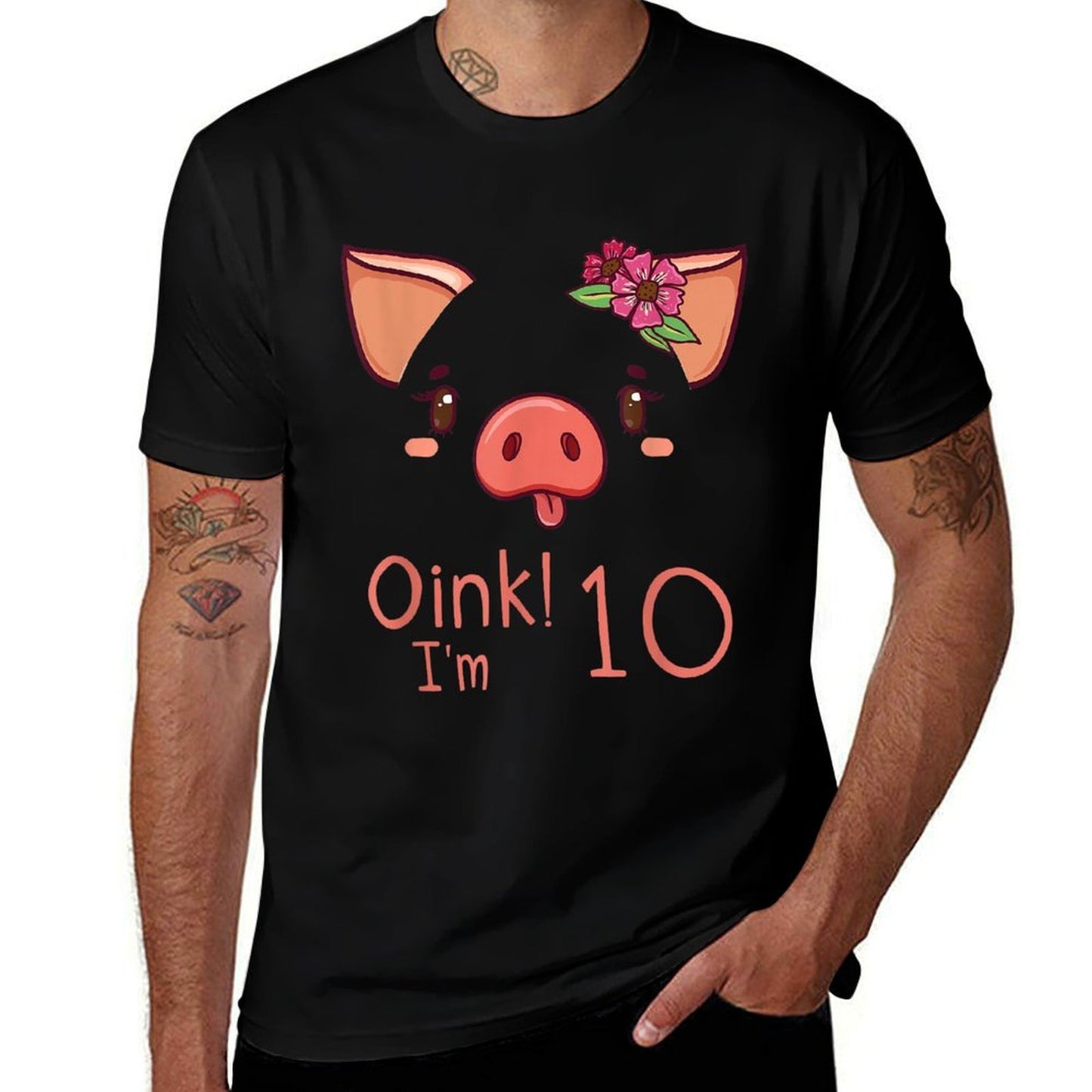 10th Birthday Pig Outfit Pig Face Gift 10 Year Old Girl Boy  Fade-proof Color T-Shirt
