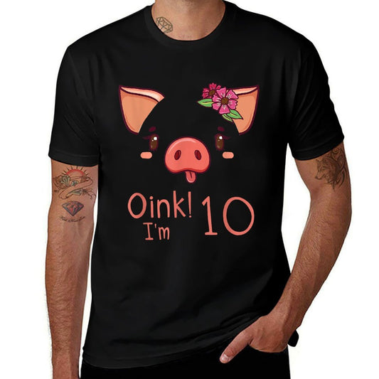 10th Birthday Pig Outfit Pig Face Gift 10 Year Old Girl Boy  Fade-proof Color T-Shirt
